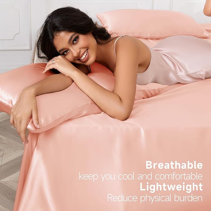 THXSILK Luxury Mulberry Silk Bed Sheets Set - 3pcs Silk Sheets Set 16" Deep Pocket - 1 Fitted Sheet, 1 Flat Sheet, 1 Pillowcase with Zipper Closure - Twin, Charming Pink