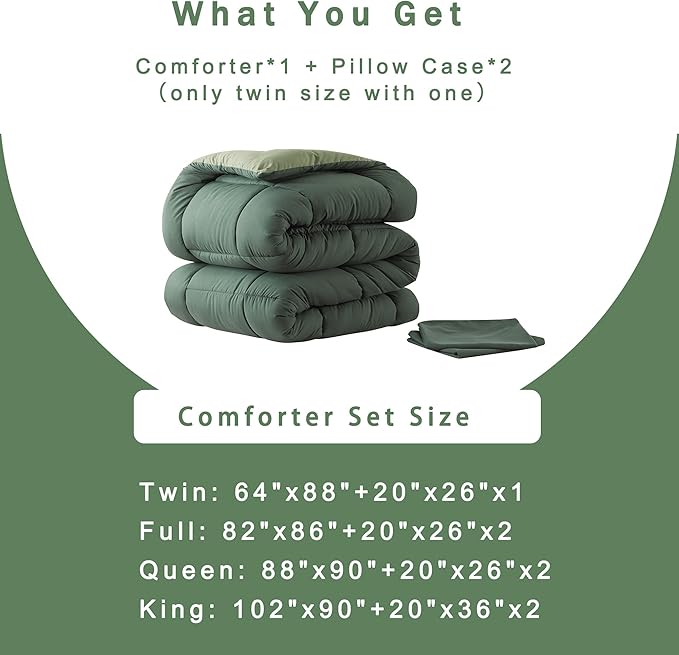 DOWNCOOL Twin Comforter Set -All Season Bedding Comforters Sets with 1 Pillow Case -2 Pieces Bed Set Down Alternative Comforter Set -Double Green Twin Bedding Sets(64"x88")