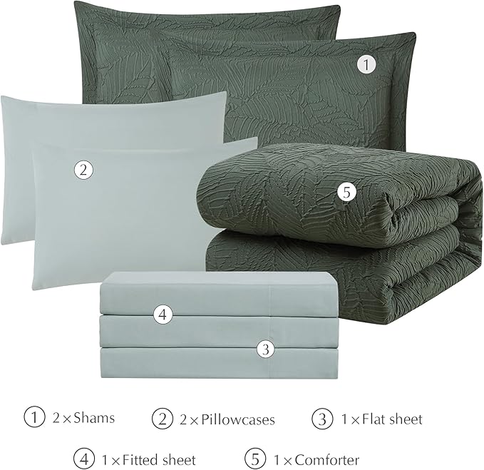 Geniospin Full Size Comforter Set - 7 Pieces Dark Green Bedding Set, Botanical Textured Comforter Bed Set, All Season Lightweight Bed in a Bag with Comforter, Sheets, Pillowcases & Shams