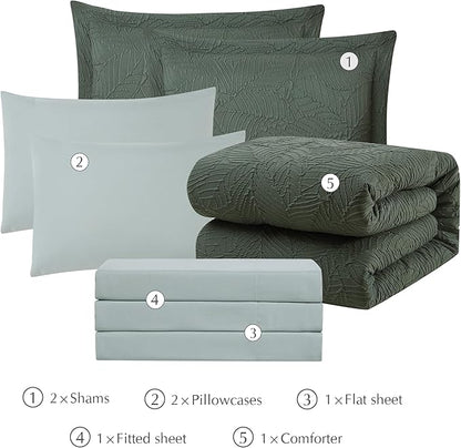 Geniospin Full Size Comforter Set - 7 Pieces Dark Green Bedding Set, Botanical Textured Comforter Bed Set, All Season Lightweight Bed in a Bag with Comforter, Sheets, Pillowcases & Shams