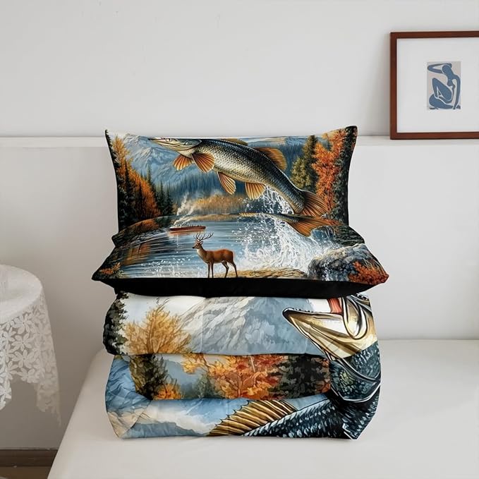 Erosebridal Fishing and Hunting King Bedding Set,Big Bass Pike Fish Comforter Set for Kids Boys Men,Hunting Deer Comforter,Rustic Mountain Cabin Bedroom Room Decor,2 Pillowcases Breathable