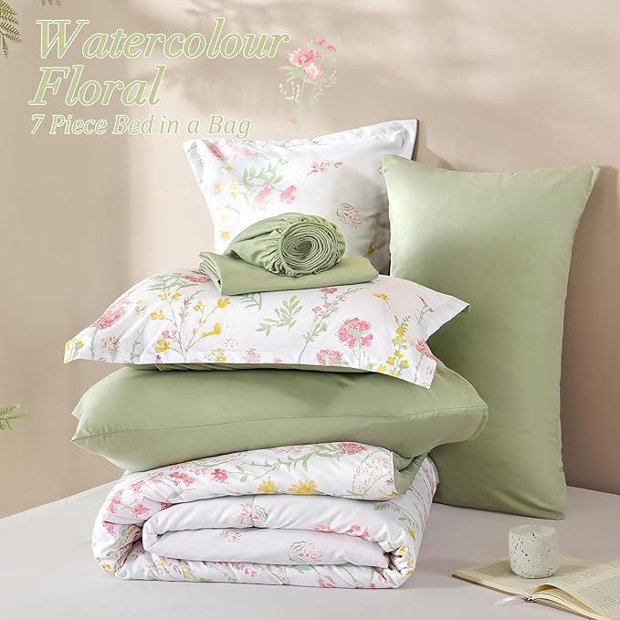 Yiran 7 Piece Pink Green Floral Comforter Set King Size, Cute Botanical Comforters Lightweight Coquette Bedding Set Flower Bed in a Bag Soft Farmhouse Bedding Set with Sheets for Women