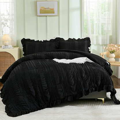 WONGS BEDDING Black Comforter Set King,3 Pieces Ruffle Farmhouse Shabby Chic Boho Comforter for King Bed,Soft Textured Bedding Set with 1 Ruffle Comforter,2 Tufted Pillowcases 104"×90"