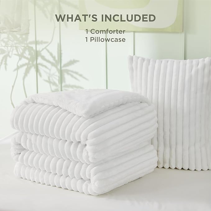 Bedsure Twin/Twin XL Comforter Set - GentleSoft™ 2 Pieces Fluffy Double-Side Fleece Comforter Set, Cozy Striped Room Decor Aesthetic, Luxury Bright White Twin Bedding with 1 Pillowcase, 68x88 Inches