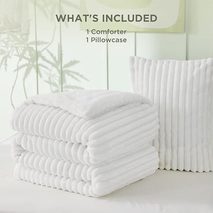 Bedsure Twin/Twin XL Comforter Set - GentleSoft™ 2 Pieces Fluffy Double-Side Fleece Comforter Set, Cozy Striped Room Decor Aesthetic, Luxury Bright White Twin Bedding with 1 Pillowcase, 68x88 Inches