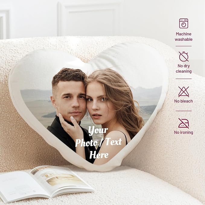 Custom Pillow with Insert, Personalized Throw Pillows with Picture Text - Double-Sided Printing, Customized Heart Shaped Pillow Photo Gifts, Personalized Gifts for Anniversary Valentines Day