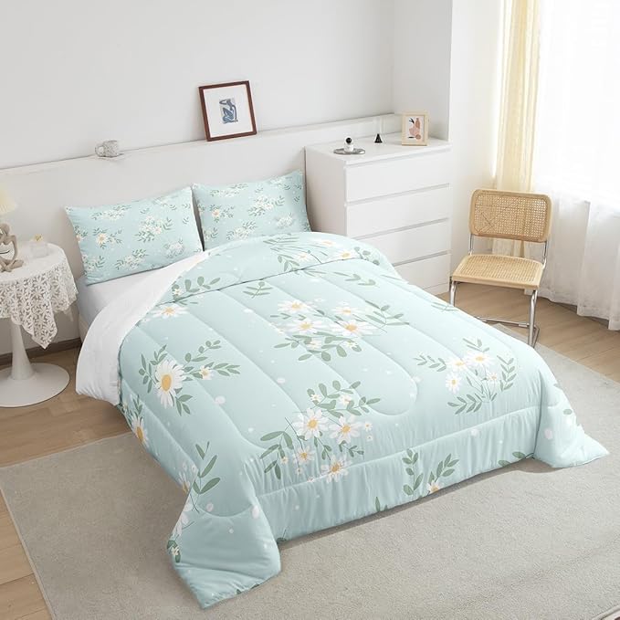 Manfei White Daisy Comforter Set King Size, Green Leaves Quilt Set with 2 Pillowcases, Botanical Garden Artwork Bedding Set 3pcs for Kids Boys Girls Bedroom Decor Lightweight Duvet Insert