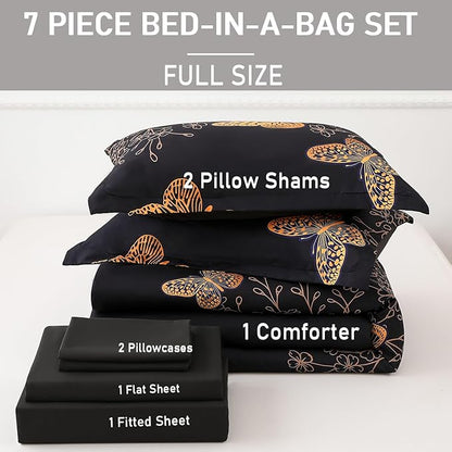 Yogeneg 7 Piece Bed in a Bag Full Size Comforter Set Black Bedding Set,Gold Butterfly Leaves Printed on Black Reversible Design,Soft Microfiber Comforter with Sheet Set,All Season(Butterfly,Full)