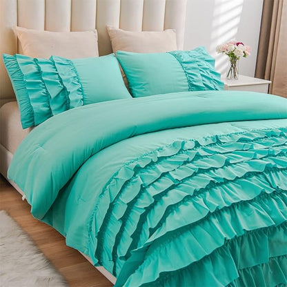 Holawakaka Aqua Waterfall Ruffle Comforter Set Full Size Multi-Layers Ruffled Shabby Chic 3PCS Bedding Set for Girls Women, Kids Teens Ruched Dorm Bed Set