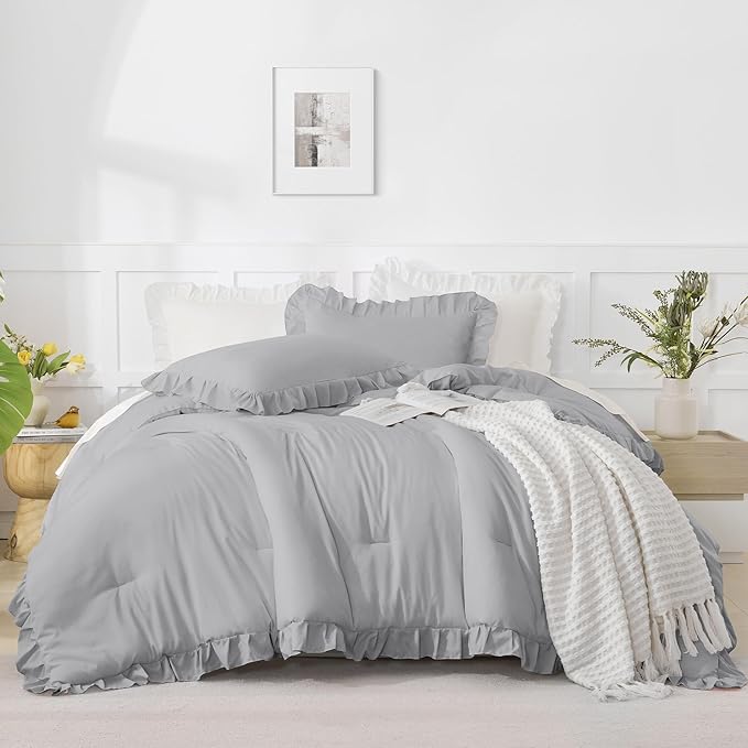 Andency Silver Gray Comforter Set King, 3 Pieces Farmhouse Shabby Chic Ruffle Comforter, Lightweight Fluffy Soft Microfiber All Season Solid Bed Comforter Set (1 Ruffle Comforter & 2 Pillowcases)