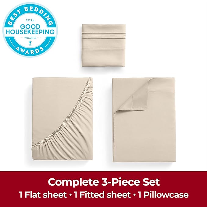 Mellanni Twin Sheets Set - 3 PC Iconic Collection Bedding - Hotel Luxury, Extra Soft, Cooling Bed Sheets - Wrinkle, Fade, Stain Resistant (Twin, Beige)