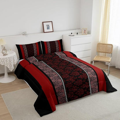 jejeloiu Adult Classic Jacquard Bedding Set King Size Damask Pattern Comforter Set for Boys Girls Black Red Stripe Duvet Set Baroque Quilt Set 3Pcs