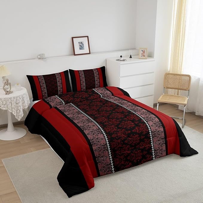 jejeloiu Adult Classic Jacquard Bedding Set Full Size Damask Pattern Comforter Set for Boys Girls Black Red Stripe Duvet Set Baroque Quilt Set 3Pcs