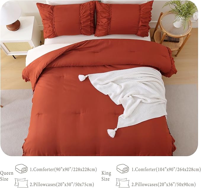 Herside Brick Red Ruffle Comforter Set King Size,Shabby Chic Boho Bedding Sets, Soft Fluffy Comforters Sets for All Season,Vintage Ruffled 3 Pcs Microfiber Lightweight Quilt Set for Women Girls