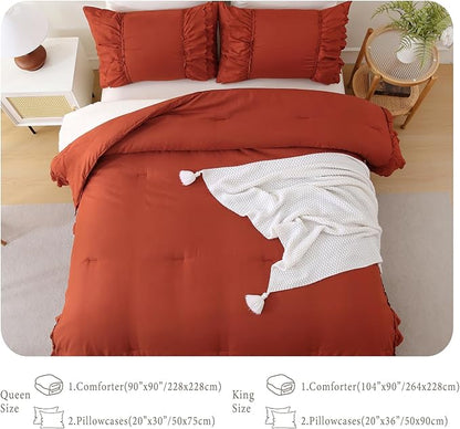 Herside Brick Red Ruffle Comforter Set Queen Size,Shabby Chic Boho Bedding Sets, Soft Fluffy Comforters Sets for All Season,Vintage Ruffled 3 Pcs Microfiber Lightweight Quilt Set for Women Girls
