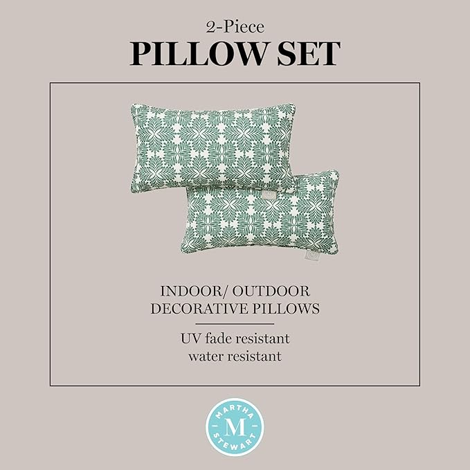Martha Stewart Tulum Indoor Outdoor Decorative Lumbar Pillow 2-Pack Set, UV Fade Resistant, Water Repellent, Printed Modern Design, Green, 11"x18"