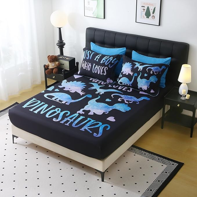 7 Piece Boys Dinosaur Comforter Set Twin Size Blue Dinonsaur Soft Microfiber Bed in A Bag with Comforter,Sheet Set,Pillowcase and Sham for Child Teens All Season