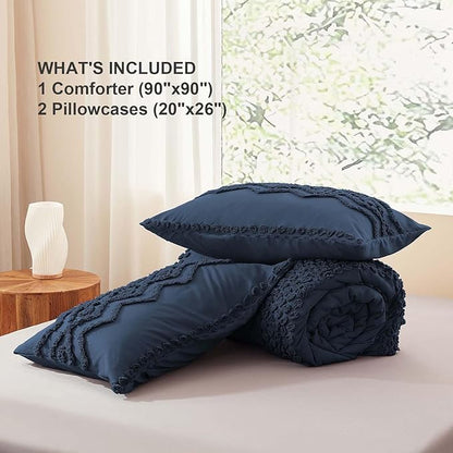 Luxudecor Navy Blue Boho Tufted Comforter Set Queen Size 3 Pieces Boho Shabby Chic Comforter Farmhouse Embroidery Bedding Set Soft Comforter for All Seasons (Navy Blue, 90''x90'')