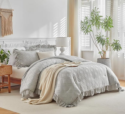Flysheep Tufted Grids Ruffle Comforter Set Twin Size, 3 Pieces Light Grey Vintage Farmhouse Shabby Chic Comforters, Jacquard Boho Bohemian Bedding Set for Kids (1 Ruffled Comforter+ 2 Pillow Shams)