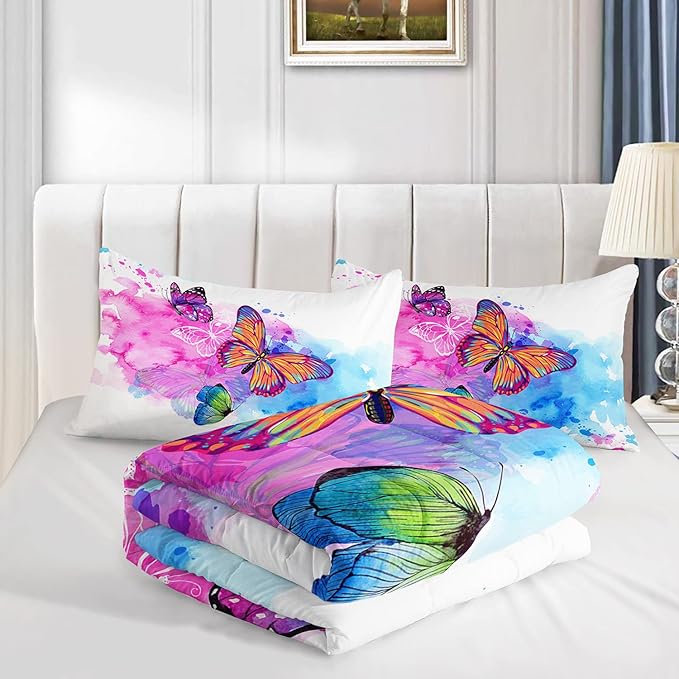 HOSIMA Butterfly Comforter Set for Girls,Pink Butterfly Comforter Twin Size for Girls Kids Women Bedroom Decor,Color Ink and Colorful Butterfly Pattern Twin Bedding Set,Butterfly Bed Set for Girls.