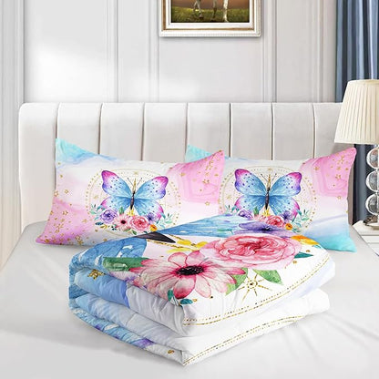 HOSIMA Butterfly Comforter Set Queen,Pink Butterfly Floral Comforter Queen Size for Girls Kids Women Bedroom Decor,Golden Stars and Colorful Butterfly Pattern Bedding Set,Butterfly Bed Set for Girls.