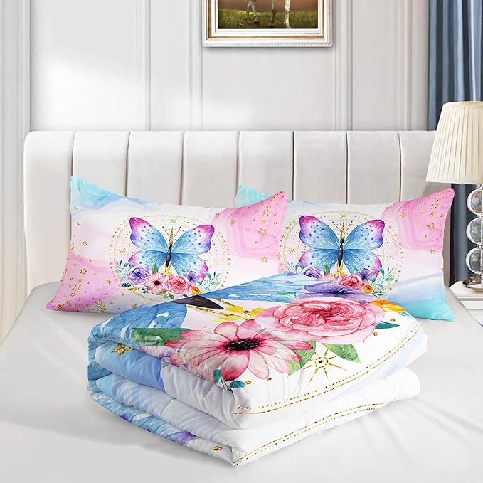 HOSIMA Butterfly Comforter Set, Pink Floral Comforter Full Size for Girls Kids Women Bedroom Decor, Golden Star and Colorful Butterfly Pattern Bedding Set