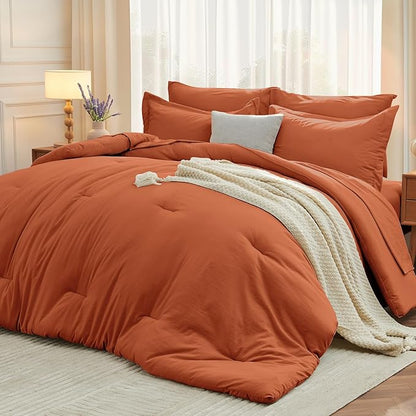 MUXHOMO 7 Pieces Full Comforter Set, Soft Bed in a Bag Full Size, All Season Bedding Set with Comforter, Flat Sheet, Fitted Sheet, Pillowcases & Shams, Burnt Orange