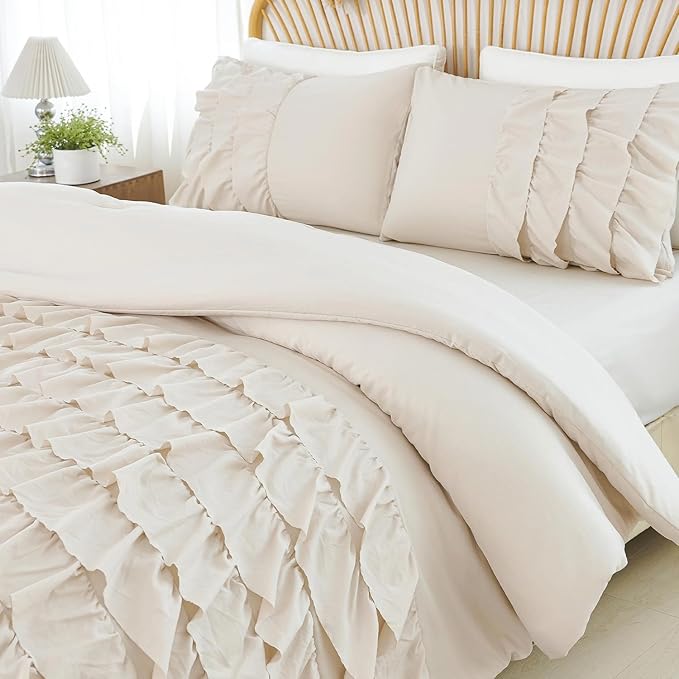 PERFEMET Queen Comforter Set 3 Pieces Beige Ruffled Comforter Set Shabby Chic Bedding Sets for Women Teen Girls Fluffy for All Season