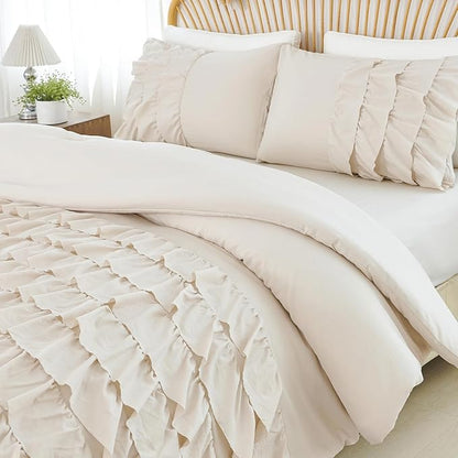 PERFEMET Twin Comforter Set 3 Pieces Beige Ruffled Comforter Set Shabby Chic Bedding Sets for Women Teen Girls Fluffy for All Season