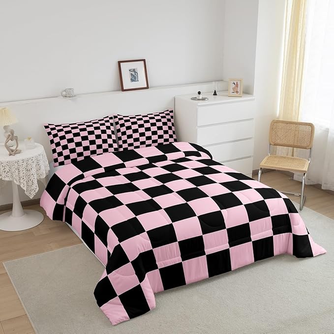 Feelyou Checkered Bedding Set Teen Women Men Pink Black Plaid Comforter Set Full Size Kids Boys Girls Cute Retro Neutral Checkerboard Geometric Duvet Insert Vintage Aesthetic Room Decor