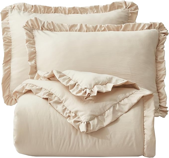 Chezmoi Collection Nora Light Sand Comforter Set Ovesized King 3-Piece Fluffy Soft Stone-Washed Ruffled Shabby Chic Bedding for All Season