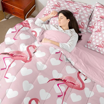 Erosebridal Flamingo Love Hearts Girls Pink King 7-Piece Comforter Set | Kawaii White Cute Animal Sheets and Pillowcases Tropical Wildlife Safari Romantic Bed in A Bag Kids Teens Women Bed Sets