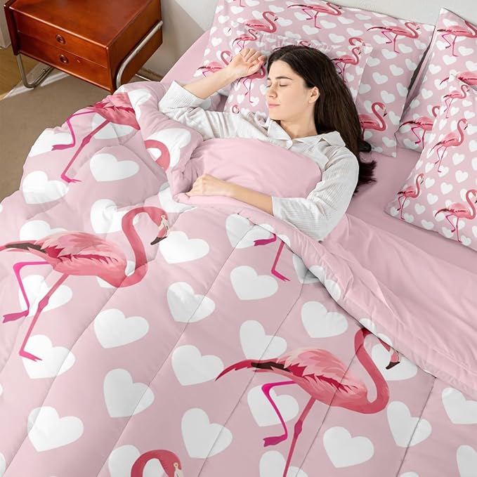 Erosebridal Flamingo Love Hearts Girls Pink Full Comforter Set 7 Pieces | Kawaii White Animal Bed in A Bag for Bedroom Wildlife Safari Romantic Bedding Set with Comforters Kids Teens Women Room Decor