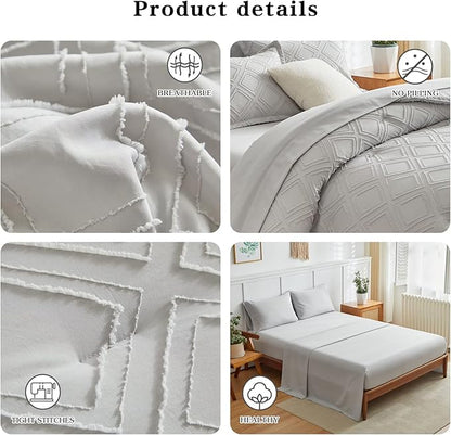 6 Pieces Tufted Bed in a Bag Twin Comforter Set with Sheets Light Grey, Soft and Embroidery Shabby Chic Boho Bohemian Design, Solid Color with Diamond Pattern, Jacquard Tufts Bedding Set for Kids