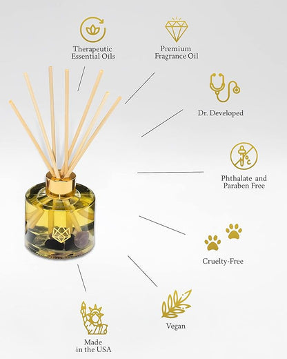 Crystal Infused Reed Diffuser, 4 OZ, Focus - Fluorite Crystal Infused - Scents of Orange, Ginger, Ylang-ylang, & Lavender - Home Decor, House Warming, Stick Perfume, Coffee Table