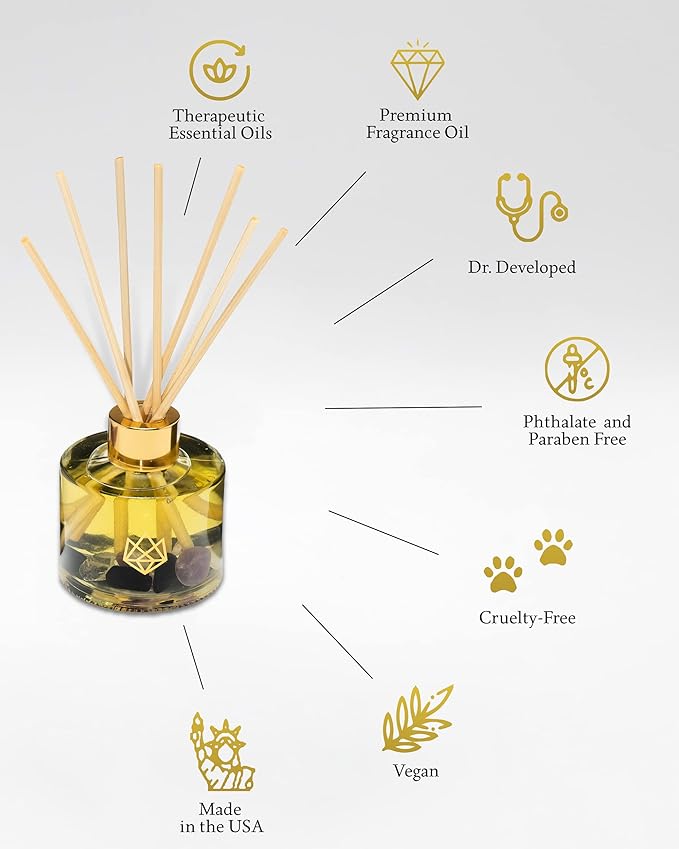 Crystal Infused Reed Diffuser, 4 OZ, Defense - Smoky Quartz Crystal Infused - Scents of Frankincense, Neroli, & Sage - Home Decor, House Warming, Room, Stick Perfume, Coffee Table