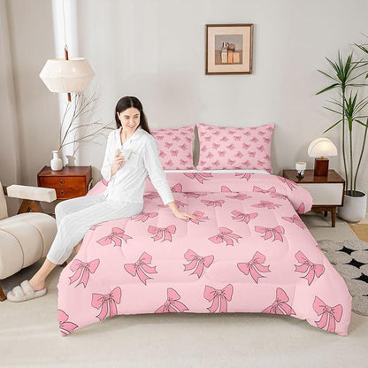 Erosebridal Kids Pink Bow Bedding Set Full Princess Bows Comforter Set Kawaii Preppy Bowknot Comforter for Girls Women Coquette Room Decor Modern Trendy Girly Aesthetic Quilt Duvet
