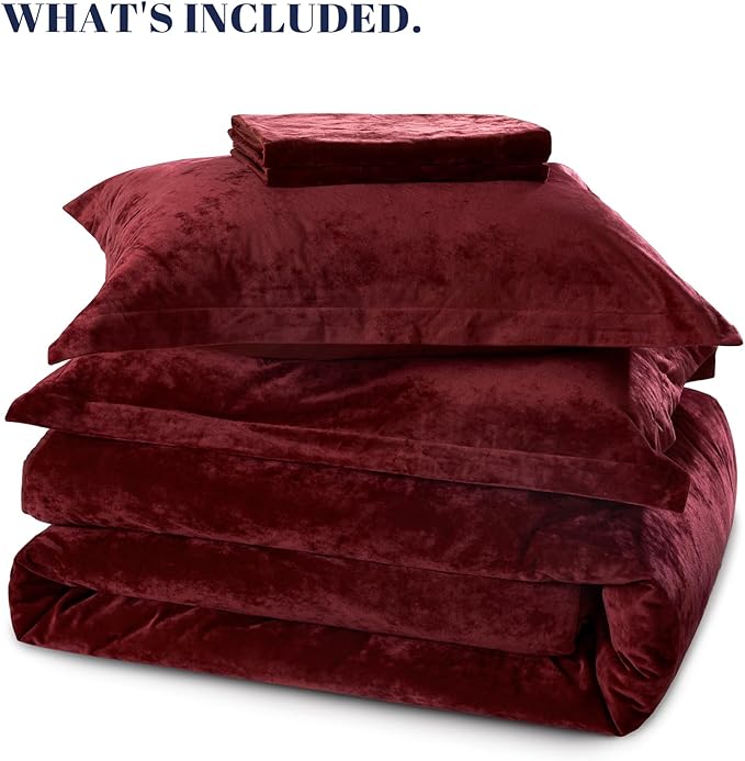 PHF Crushed Velvet Comforter Set King Size, 5-Piece Luxury Winter Bedding Sets with 2 Euro Shams, Heavyweight Warm Fluffy Velvet Bed Spread, Glam Home Decor, Wine Red/Burgundy