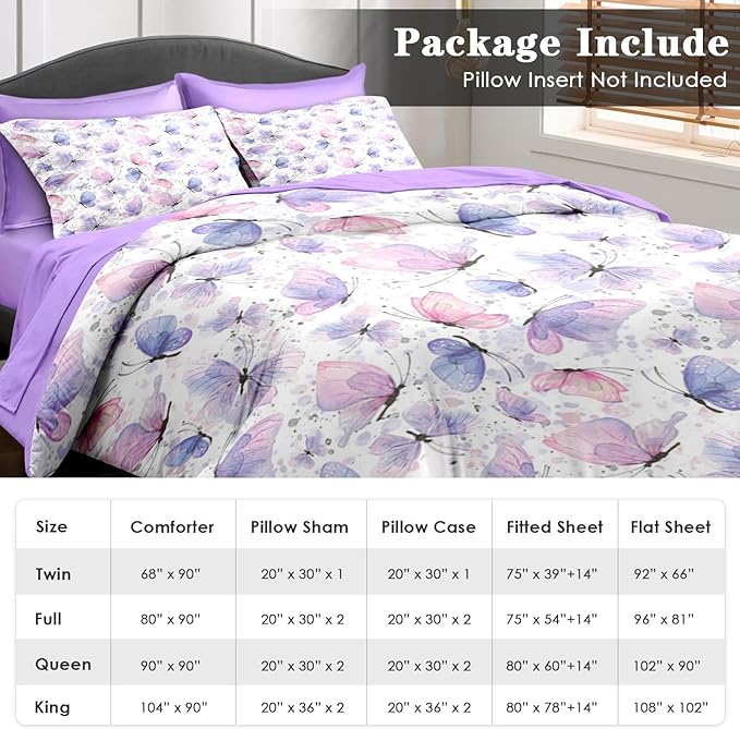 Comforter Set Twin Size, Cute Lilac Pink 5 Pcs Bedding for Kids and Adults, Butterfly Purple Bed Sheet Sets with Fitted Sheet Pillowcase & Sham for Bedroom Bed Decor