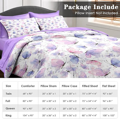 Comforter Set Twin Size, Cute Lilac Pink 5 Pcs Bedding for Kids and Adults, Butterfly Purple Bed Sheet Sets with Fitted Sheet Pillowcase & Sham for Bedroom Bed Decor