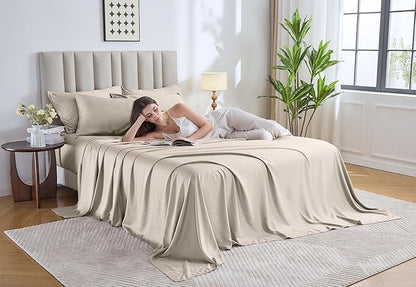 Pure Bamboo King Sheets, Genuine 100% Organic Viscose Derived from Bamboo Bed Sheet Set, Luxuriously Soft & Cooling, Double Stitching, 2 Year Quality Promise (King, Creme)