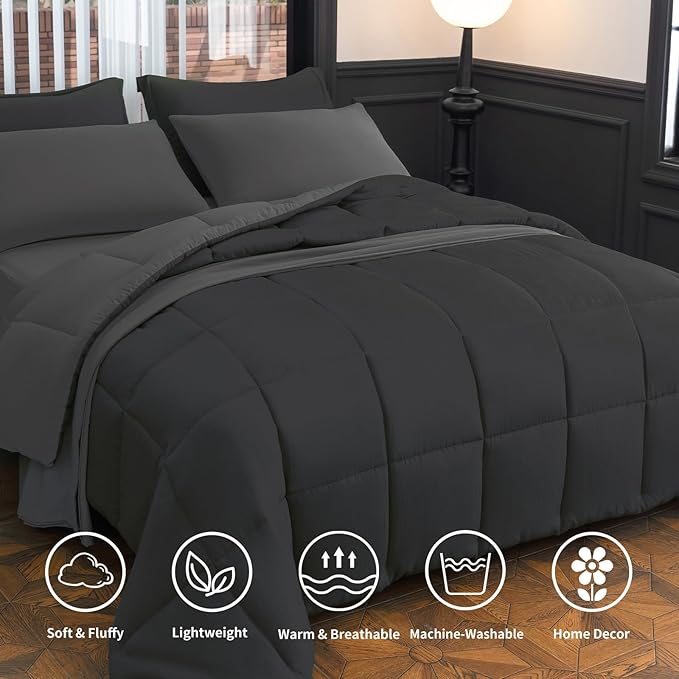 Twin XL Comforter Set - 7-Piece Black All-Season Bedding with Ultra Soft Reversible Lightweight Comforter, Bed Skirt, Flat Sheets, Pillowcases & Pillow Shams