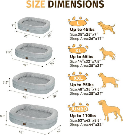 Orthopedic Washable Large Dog Bed: Cooling Dog Bed with Bolsters - Jumbo Bed Waterproof Removable Cover Non-Slip Pet Bed for Extra Large Sized - Silver