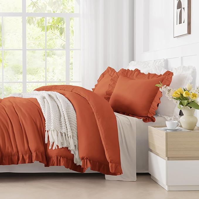 Andency Terracotta Ruffle Comforter King (104x90Inch), 3 Pieces (1 Ruffled Comforter, 2 Pillowcases) Solid Farmhouse Shabby Chic Bed, Vintage Rustic Soft Microfiber Bedding Set