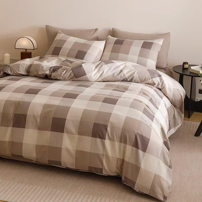 Houseri Coffee Color Plaid Comforter Set California King Vintage Grid Bedding Sets