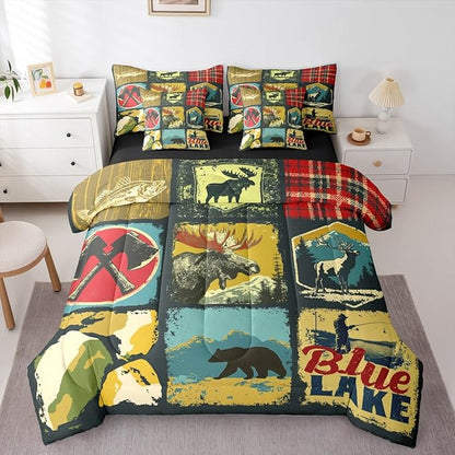 Erosebridal Farmhouse 7 Piece Comforter Set Queen Rustic Cabin Camper Bedding Set Retro Woodland Bear Deer Wildlife Duvet Insert Pike Fish Hunting Animal Plaid Sheet Set with Comforter Bedroom Decor