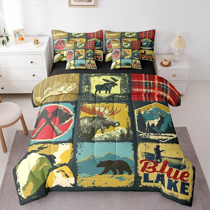 Erosebridal Farmhouse 7 Piece Comforter Set Full Rustic Cabin Camper Bedding Set Retro Woodland Bear Deer Wildlife Duvet Insert Pike Fish Hunting Animal Plaid Sheet Set with Comforter Bedroom Decor