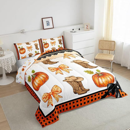 Erosebridal Western Cowgirl Comforter Set King,Cowboy Boots Hat Bedding Set Orange Plaid Bowknots Bedding Comforter Sets for Kids Boys Girls Bedroom Decor,Pumpkin Fall Harvest Quilt Duvet 3 Pcs