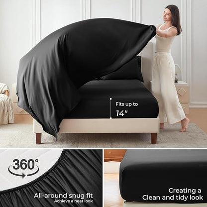 Sasttie Oversized Queen Comforter Set, 7 Pieces Extra Large Bed in a Bag, Complete Bedding Set Includes 98''x98'' Comforter, Flat Sheet, Fitted Sheet, Pillowcases and Pillow Shams, Black