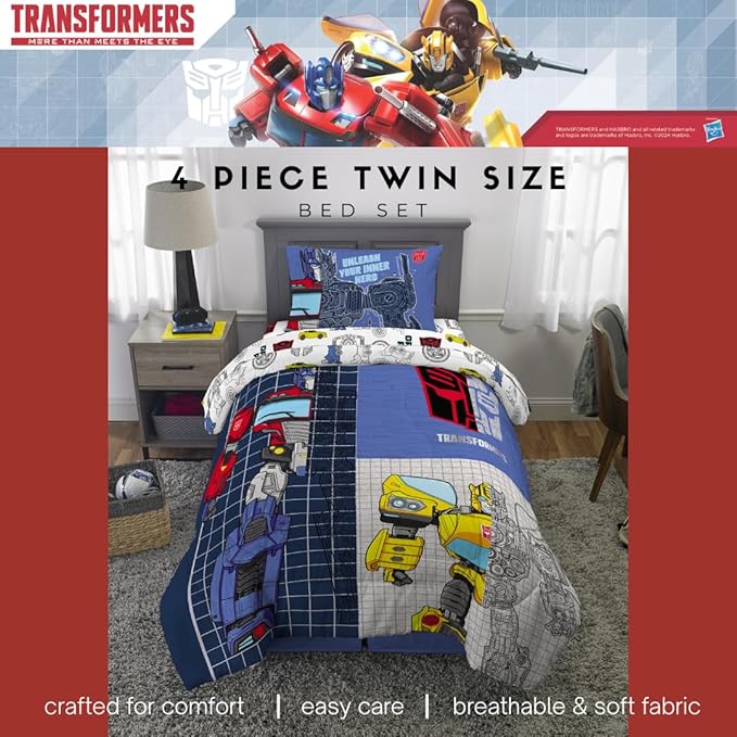 Transformers Optimus Prime Super Soft Comforter and Sheet Set with Sham, 4 Piece Twin Size, (Official Licensed Product) by Franco Collectibles
